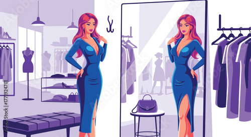 Flat vector of woman trying new dress in fitting room mirror, shopping and personal fashion concept