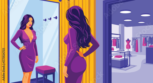 Flat vector of woman trying new dress in fitting room mirror, shopping and personal fashion concept