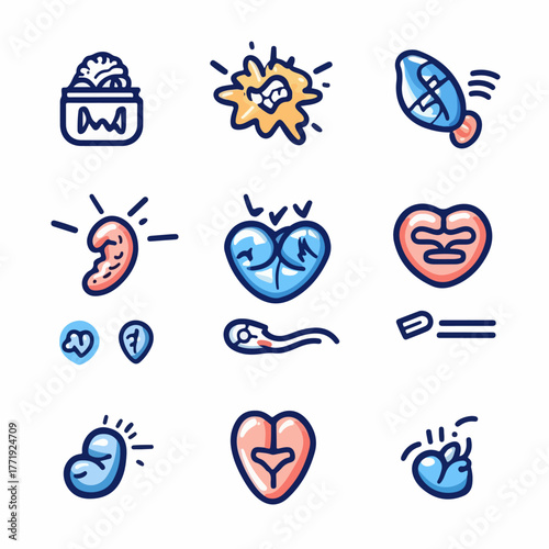Collection of Conceptual Icons Representing Biological Processes and Health Concepts