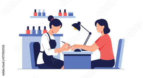 Flat vector of nail artist painting woman’s nails in beauty salon, self-care and personal grooming scene