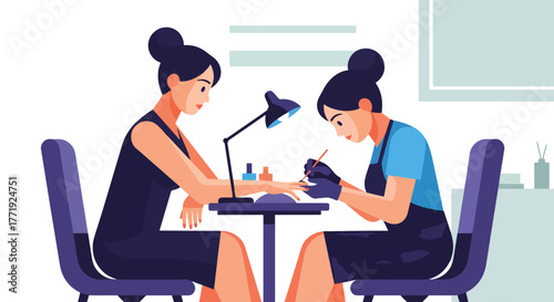 Flat vector of nail artist painting woman’s nails in beauty salon, self-care and personal grooming scene