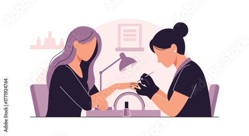 Flat vector of nail artist painting woman’s nails in beauty salon, self-care and personal grooming scene