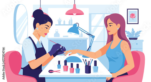 Flat vector of nail artist painting woman’s nails in beauty salon, self-care and personal grooming scene
