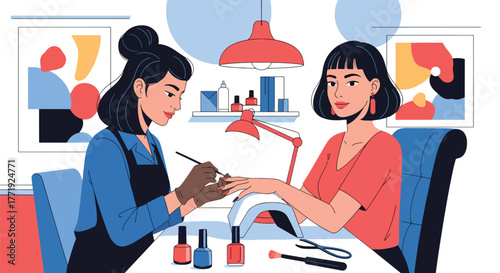 Flat vector of nail artist painting woman’s nails in beauty salon, self-care and personal grooming scene