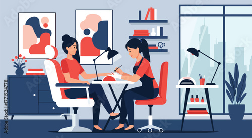 Flat vector of nail artist painting woman’s nails in beauty salon, self-care and personal grooming scene