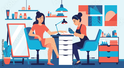 Flat vector of nail artist painting woman’s nails in beauty salon, self-care and personal grooming scene