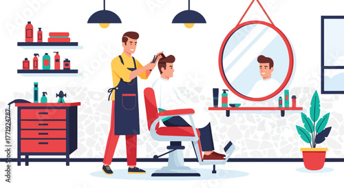 Flat vector of barber cutting man’s hair in modern barbershop, men’s grooming and style concept