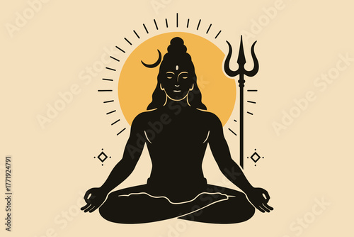 Silhouette of lord shiva meditating in lotus pose with trident and radiant sun disc