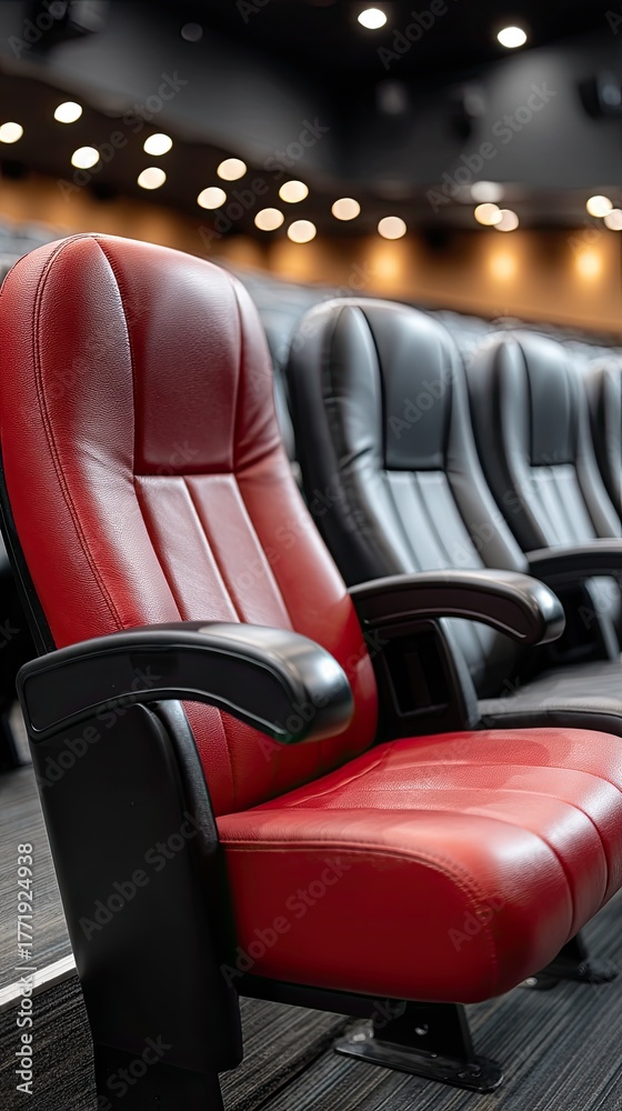 Obraz premium Red seating fills the spacious theater, awaiting an excited audience for a memorable night of entertainment and culture