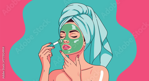 Flat vector of woman applying facial mask, home skincare routine and relaxation illustration