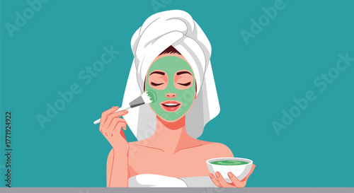 Flat vector of woman applying facial mask, home skincare routine and relaxation illustration