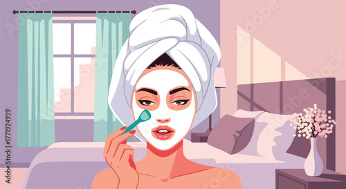 Flat vector of woman applying facial mask, home skincare routine and relaxation illustration