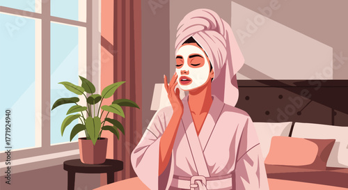 Flat vector of woman applying facial mask, home skincare routine and relaxation illustration