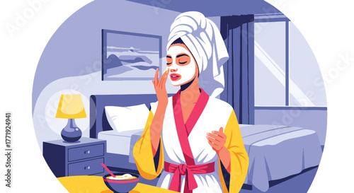 Flat vector of woman applying facial mask, home skincare routine and relaxation illustration