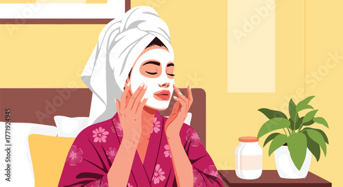 Flat vector of woman applying facial mask, home skincare routine and relaxation illustration