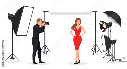 Flat vector of fashion photographer capturing model in studio with lights and backdrop, creativity and glamour concept
