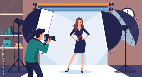 Flat vector of fashion photographer capturing model in studio with lights and backdrop, creativity and glamour concept