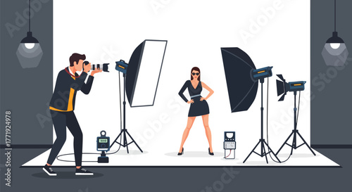Flat vector of fashion photographer capturing model in studio with lights and backdrop, creativity and glamour concept
