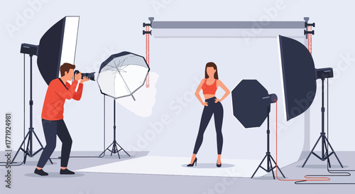 Flat vector of fashion photographer capturing model in studio with lights and backdrop, creativity and glamour concept