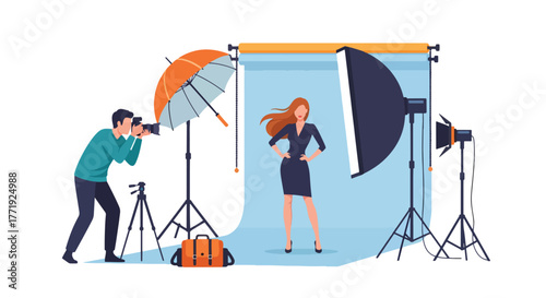 Flat vector of fashion photographer capturing model in studio with lights and backdrop, creativity and glamour concept