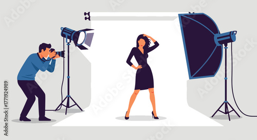 Flat vector of fashion photographer capturing model in studio with lights and backdrop, creativity and glamour concept