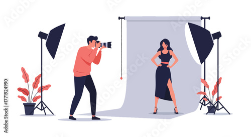 Flat vector of fashion photographer capturing model in studio with lights and backdrop, creativity and glamour concept