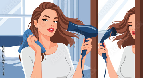 Flat style vector of woman using hair dryer in front of mirror, home morning beauty routine scene