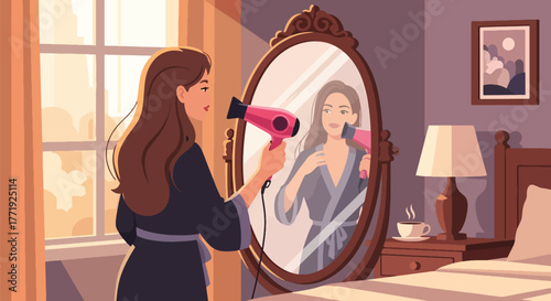 Flat style vector of woman using hair dryer in front of mirror, home morning beauty routine scene