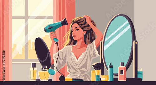 Flat style vector of woman using hair dryer in front of mirror, home morning beauty routine scene