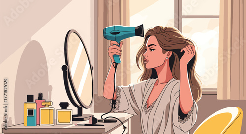 Flat style vector of woman using hair dryer in front of mirror, home morning beauty routine scene