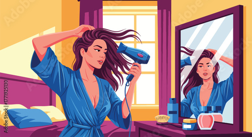 Flat style vector of woman using hair dryer in front of mirror, home morning beauty routine scene
