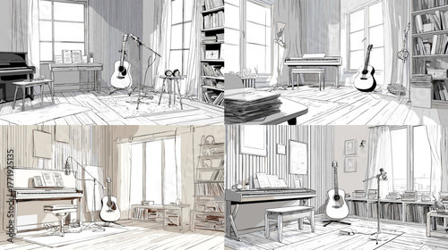 Elegant music studio interior sketch with piano, guitar, and recording setup. Architectural line art showing creative workspace for musicians, composition, and artistic inspiration design.