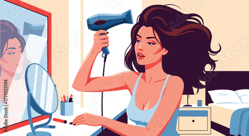 Flat style vector of woman using hair dryer in front of mirror, home morning beauty routine scene