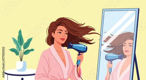 Flat style vector of woman using hair dryer in front of mirror, home morning beauty routine scene
