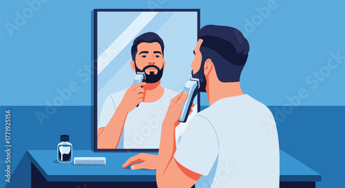 Flat vector of man trimming beard with electric shaver in front of mirror, men’s fashion and self-care theme