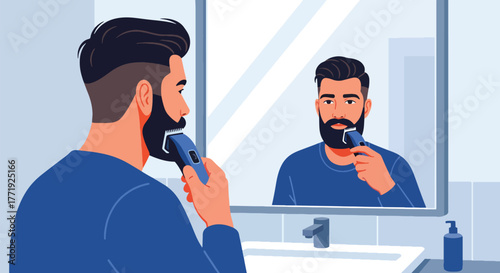 Flat vector of man trimming beard with electric shaver in front of mirror, men’s fashion and self-care theme