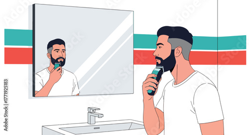Flat vector of man trimming beard with electric shaver in front of mirror, men’s fashion and self-care theme