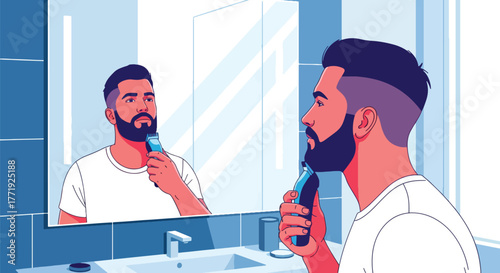 Flat vector of man trimming beard with electric shaver in front of mirror, men’s fashion and self-care theme