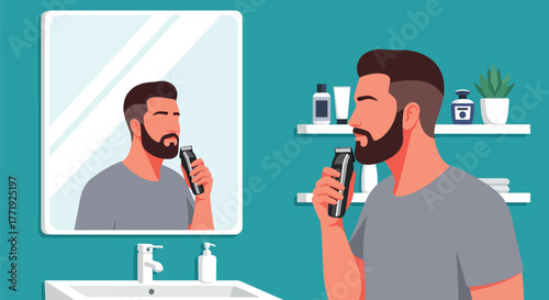 Flat vector of man trimming beard with electric shaver in front of mirror, men’s fashion and self-care theme