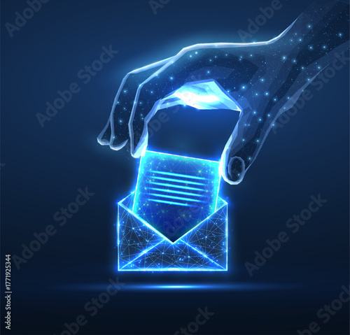 Digital hand put letter in to the envelop. AI mailing, email icon, inbox logo, envelope symbol, e-mail mailbox, send notice, message receive, correspondence e, email address, AI newsletter concept

