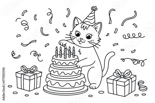A cute cartoon cat wearing a party hat is placing candles on a birthday cake.