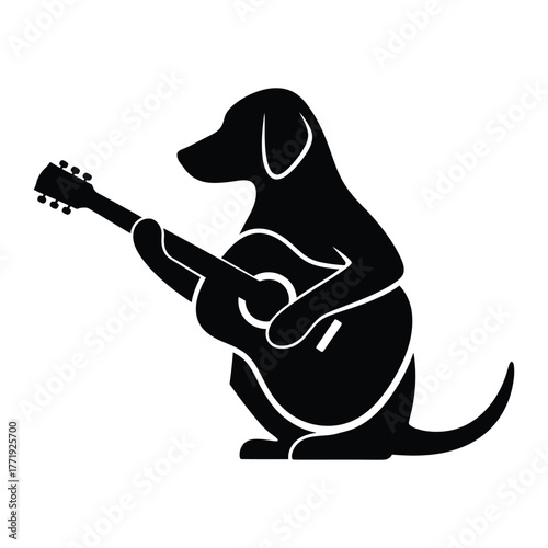 Silhouette of a dog playing guitar, strumming the strings with passion, a musical and artistic design for dog and music lovers alike