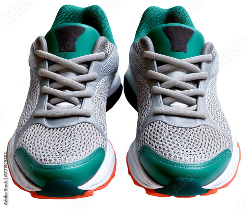 Professional photo of sports running shoes, white and neon design, realistic texture and shadows, symmetrical setting, transparent background.