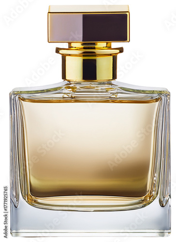 High resolution photograph of an elegant transparent perfume bottle with a gold stopper, subtle reflections, isolated against a transparent background.