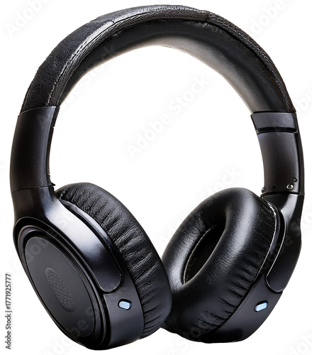 Professional studio photo of modern wireless on-ear headphones, elegant matte black design with soft leather cushions, transparent background.