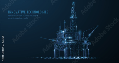 Oil rig. Abstract 3d floating rig platform isolated on blue. Gas platform, offshore drilling, refinery plant, petroleum industry, energy resource, innovation well drilling, oilfield equipment concept
