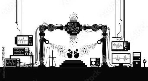 Abstract scientific laboratory equipment silhouette, science, laboratory, technology, research, experiment, equipment, machinery, computer, monitor, oscilloscope, wires, circuits, data, analysis, inno