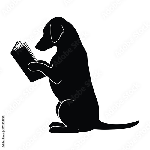Silhouette of a dog sitting and reading a book, creating a charming and intellectual image