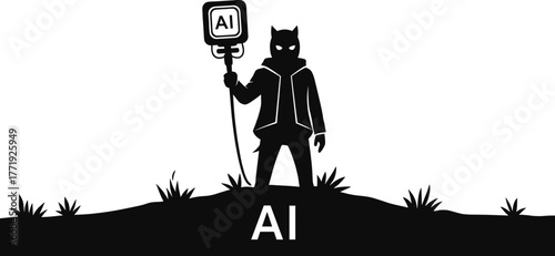 AI figure holding IV bag with AI label artificial intelligence, ai, artificial intelligence, robot, android, cyborg, technology, future, innovation, concept, symbol, icon, illustration, graphic, dark,