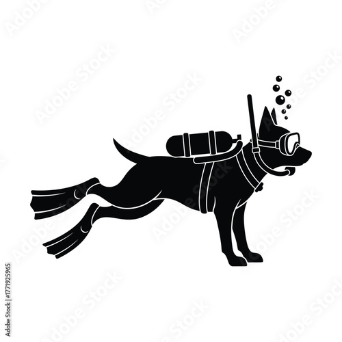 Silhouette of a dog diving with scuba gear, flippers, and goggles, creating a fun and whimsical image